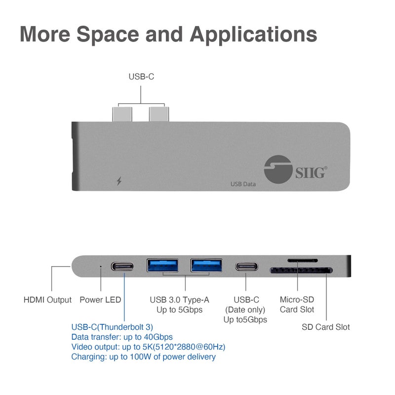 SIIG Thunderbolt 3, Aluminum USB Type C Hub with 4K @30Hz HDMI, SD/Micro SD Card Reader, 2 USB 3.1 Gen 1 Ports, PD Port for 2016/2017 MacBook 13" & 15" - Space Gray - Image 3
